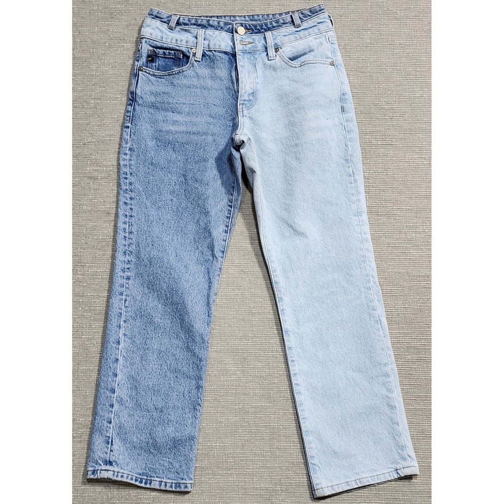 KanCan Two Tone Split Wash High Rise Straight Leg Jeans Blue Denim